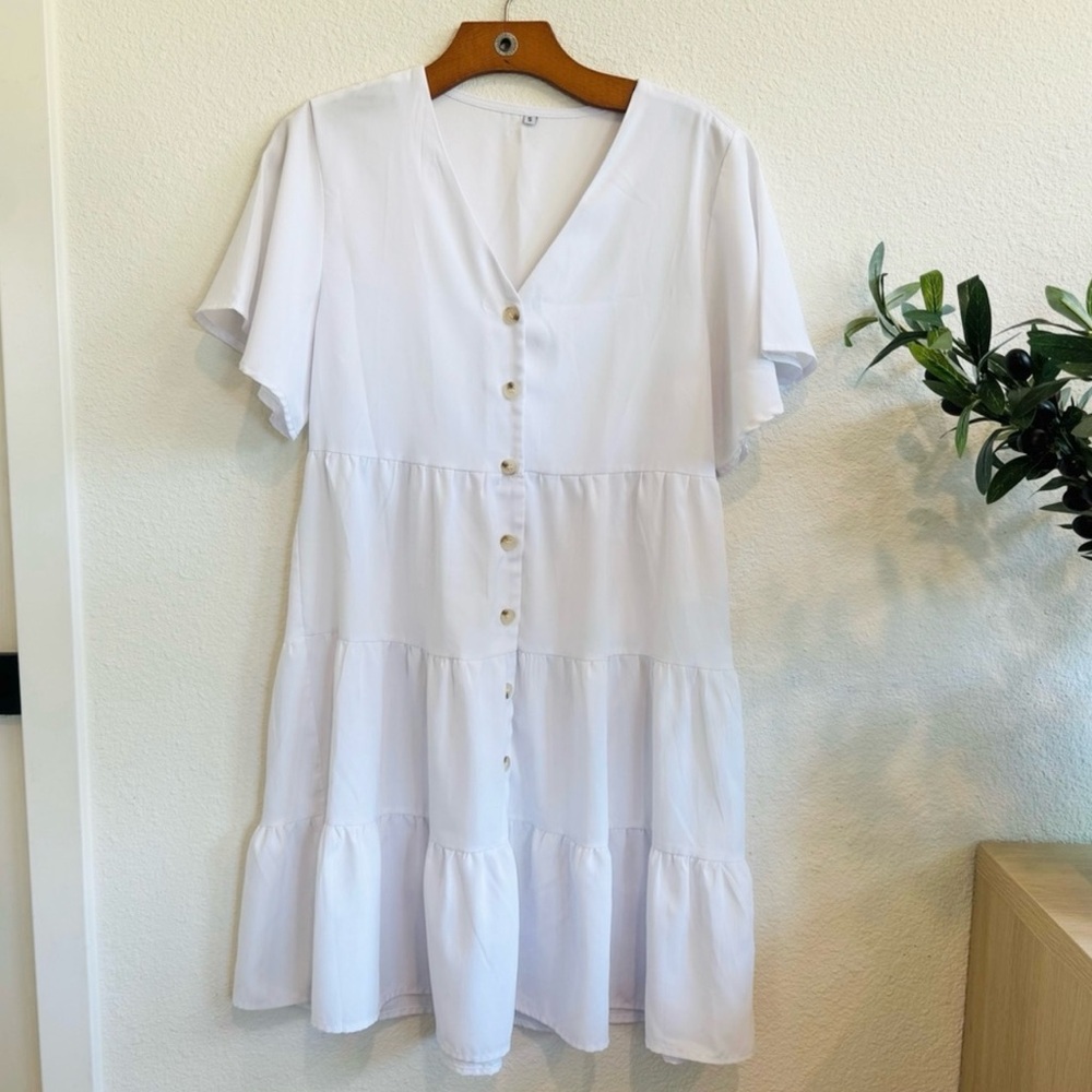 White Button-Down Tiered Dress
